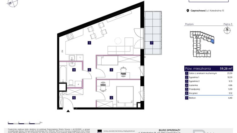Rzut - Mieszkanie na sprzedaż 3 pokoje o powierzchni 59,28 m² - numer 15/21 w Osiedle Neonowe