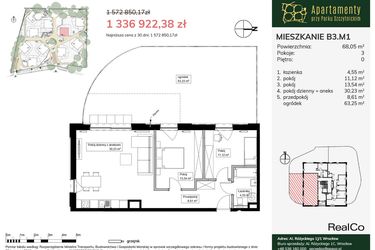 Rzut - Mieszkanie na sprzedaż 3 pokoje o powierzchni 68,05 m² - numer B3.M1 w Apartamenty przy Parku Szczytnickim