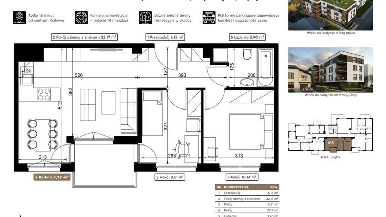 Rzut - Mieszkanie na sprzedaż 3 pokoje o powierzchni 50,9 m² - numer M3 w Dolnomłyńska 5