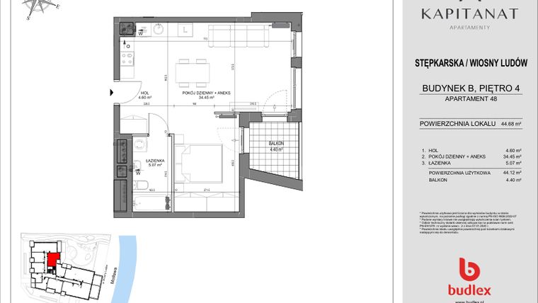 Rzut - Mieszkanie na sprzedaż 2 pokoje o powierzchni 44,68 m² - numer 48.B w Kapitanat Apartamenty