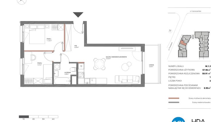 Rzut - Mieszkanie na sprzedaż 3 pokoje o powierzchni 58,88 m² - numer M.1.3 w Łopuszańska 47 - etap 4