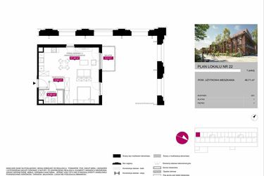 Rzut - Mieszkanie na sprzedaż 1 pokój o powierzchni 46,81 m² - numer G1.22 w Fuzja Mieszkania Loftowe