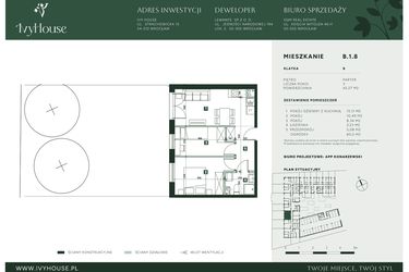 Rzut - Mieszkanie na sprzedaż 2 pokoje o powierzchni 42,27 m² - numer B.1.8 w IVY HOUSE