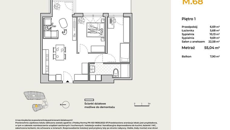 Rzut - Mieszkanie na sprzedaż 3 pokoje o powierzchni 55,04 m² - numer M68 w Baja Piaśniki