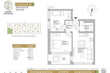 Rzut - Mieszkanie na sprzedaż 3 pokoje o powierzchni 55,87 m² - numer M3 w Ogrody Reymonta