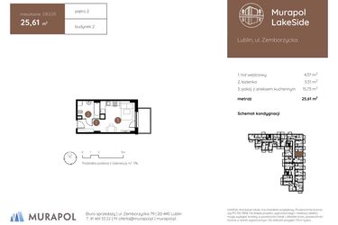 Rzut - Mieszkanie na sprzedaż 1 pokój o powierzchni 25,61 m² - numer 2.B.2.05 w Murapol LakeSide