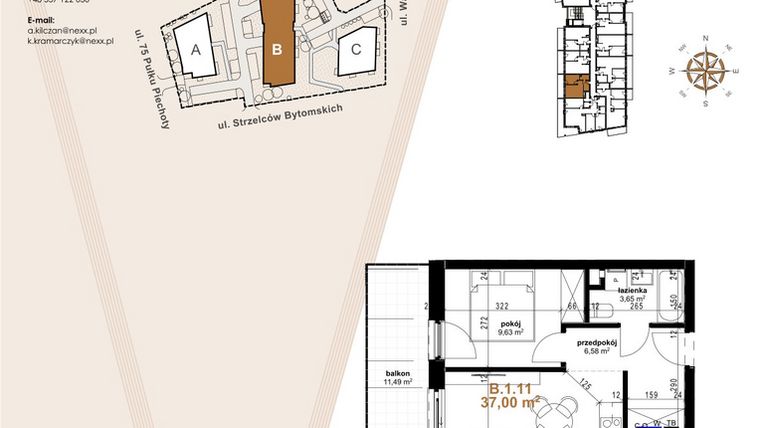 Rzut - Mieszkanie na sprzedaż 2 pokoje o powierzchni 37 m² - numer B.1.11 w Vanda Park