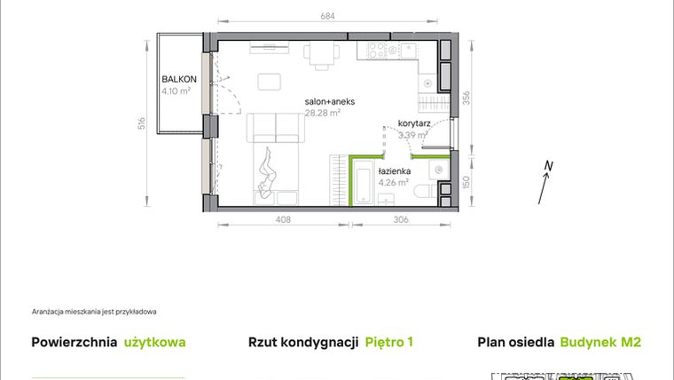 Rzut - Mieszkanie na sprzedaż 1 pokój o powierzchni 35,93 m² - numer M2/1/1/17 w Przy Parku Vita