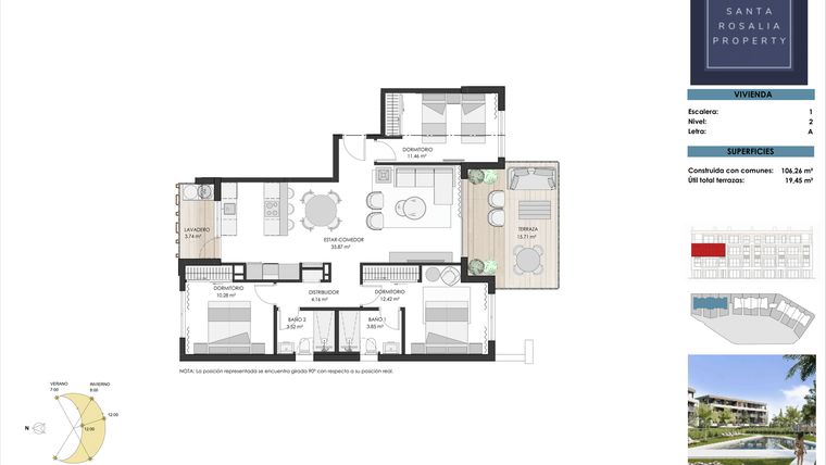 Rzut - Mieszkanie na sprzedaż 3 pokoje o powierzchni 106 m² - numer 2A w Tindra Homes el Lago