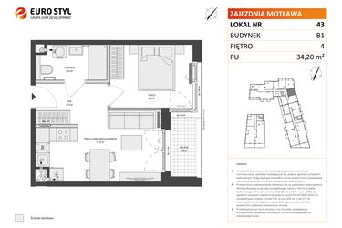 Rzut - Mieszkanie na sprzedaż 2 pokoje o powierzchni 34,2 m² - numer B1.43 w Zajezdnia Motława