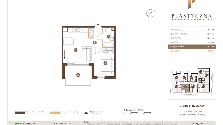 Rzut - Mieszkanie na sprzedaż 2 pokoje o powierzchni 44,87 m² - numer PK-LM-14 w Plastyczna Kamienica przy Sympatycznej