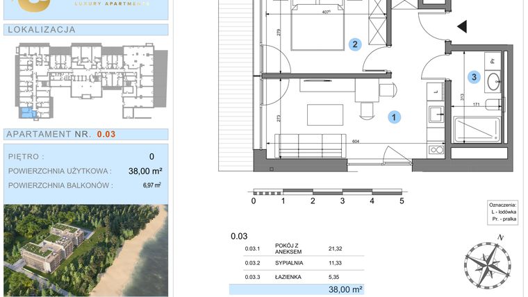 Rzut - Mieszkanie na sprzedaż 2 pokoje o powierzchni 38 m² - numer 0.3 w Ustronie Luxury Apartments