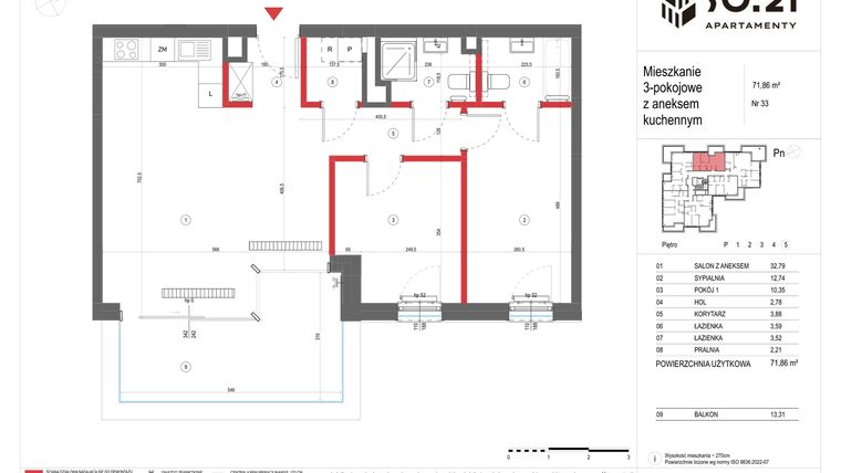 Rzut - Mieszkanie na sprzedaż 3 pokoje o powierzchni 71,86 m² - numer 33 w SO.21