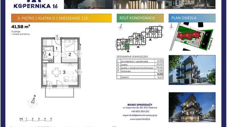 Rzut - Mieszkanie na sprzedaż 2 pokoje o powierzchni 41,58 m² - numer D12 w Kopernika Szesnaście