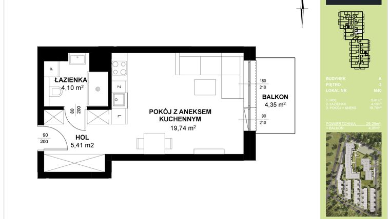 Rzut - Mieszkanie na sprzedaż 1 pokój o powierzchni 29,25 m² - numer A_M40 w Triton Kampinos III