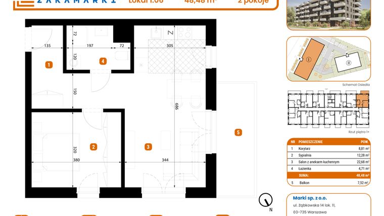 Rzut - Mieszkanie na sprzedaż 2 pokoje o powierzchni 48,48 m² - numer B1/1/06 w Zakamarki