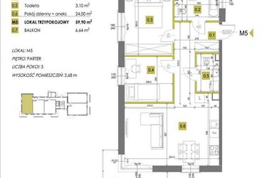 Rzut - Mieszkanie na sprzedaż 3 pokoje o powierzchni 59,9 m² - numer M5 w Mazowiecka 69