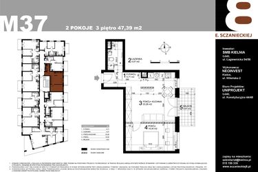 Rzut - Mieszkanie na sprzedaż 2 pokoje o powierzchni 47,39 m² - numer M37 w Sczanieckiej 8