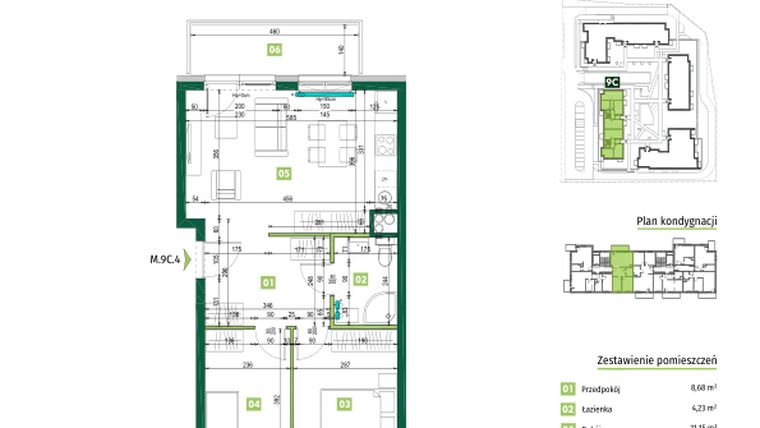 Rzut - Mieszkanie na sprzedaż 3 pokoje o powierzchni 55,48 m² - numer 9C.4 w Zielona Przystań etap II
