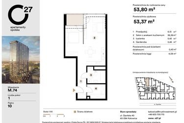 Rzut - Mieszkanie na sprzedaż 1 pokój o powierzchni 53,8 m² - numer M.74 w O27 Apartamenty Opolska