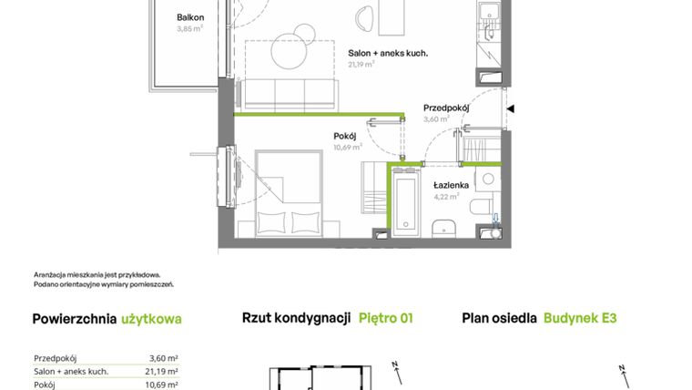 Rzut - Mieszkanie na sprzedaż 2 pokoje o powierzchni 39,7 m² - numer E3.01.18 w Południe Vita