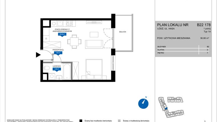 Rzut - Mieszkanie na sprzedaż 1 pokój o powierzchni 36,66 m² - numer B22 178 w Flow - bud. B2 A i bud. B2 B