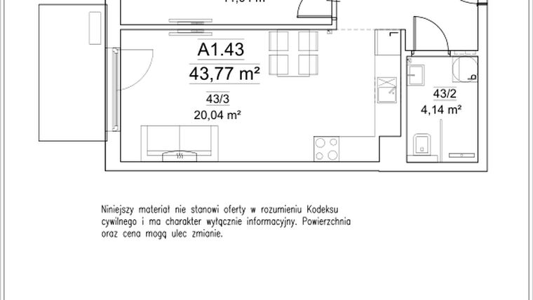 Rzut - Mieszkanie na sprzedaż 2 pokoje o powierzchni 43,77 m² - numer A1.43 w FORTnatura