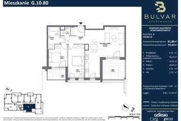 Rzut - Mieszkanie na sprzedaż 3 pokoje o powierzchni 81,81 m² - numer G.10.80 w Bulvar Apartments - etap I
