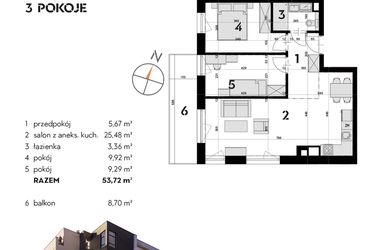 Rzut - Mieszkanie na sprzedaż 3 pokoje o powierzchni 53,72 m² - numer OK-28 w OKI DOKI