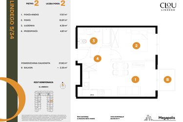Rzut - Mieszkanie na sprzedaż 2 pokoje o powierzchni 37,8 m² - numer 34 w CLOU LINDEGO