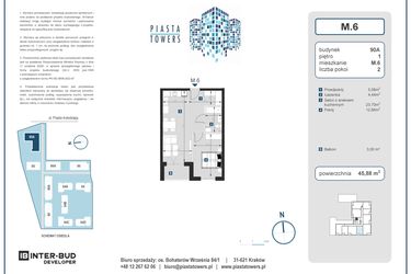 Rzut - Mieszkanie na sprzedaż 2 pokoje o powierzchni 45,88 m² - numer 6 w Piasta Towers bud. 90A