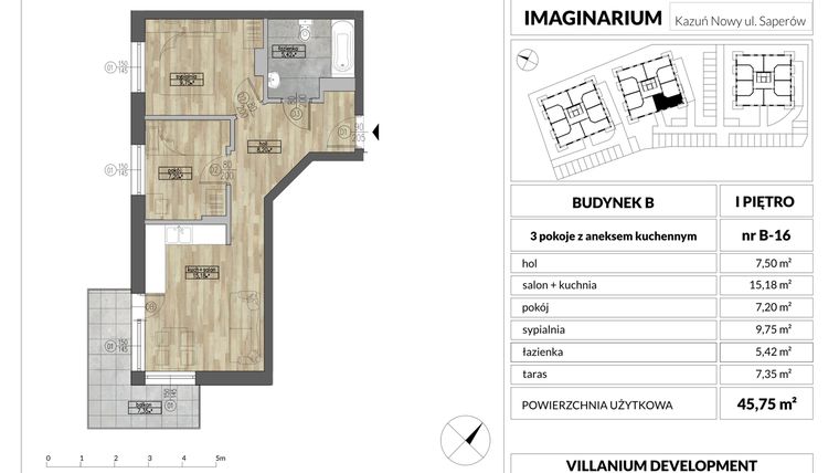Rzut - Mieszkanie na sprzedaż 3 pokoje o powierzchni 45,75 m² - numer 16 w Imaginarium Kazuń Nowy - bud. B