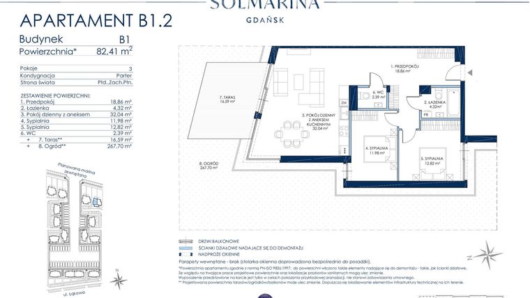 Rzut - Mieszkanie na sprzedaż 3 pokoje o powierzchni 82,41 m² - numer B1.2 w Sol Marina B
