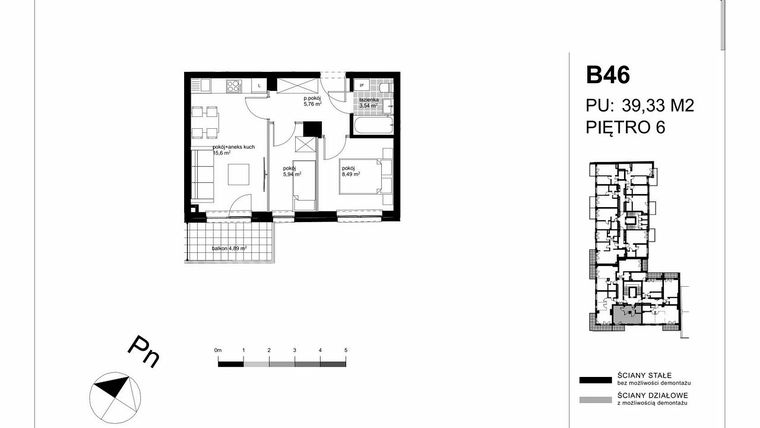 Rzut - Mieszkanie na sprzedaż 3 pokoje o powierzchni 39,33 m² - numer B46 w Apartamenty Kopernika - etap II