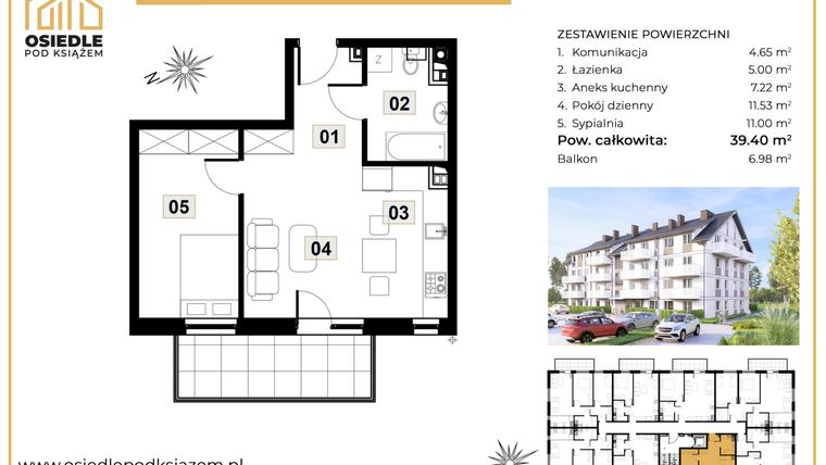 Rzut - Mieszkanie na sprzedaż 2 pokoje o powierzchni 39,4 m² - numer M18 w Osiedle Pod Książem