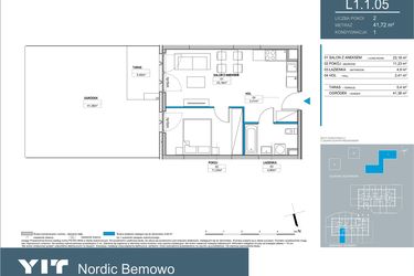 Rzut - Mieszkanie na sprzedaż 2 pokoje o powierzchni 41,72 m² - numer L1.1.05 w Nordic Bemowo - etap III