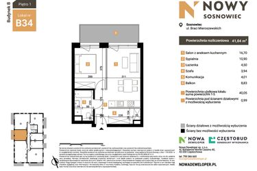 Rzut - Mieszkanie na sprzedaż 2 pokoje o powierzchni 41,04 m² - numer B34 w Nowy Sosnowiec