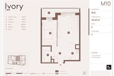 Rzut - Mieszkanie na sprzedaż 2 pokoje o powierzchni 52,4 m² - numer M10 w Ivory