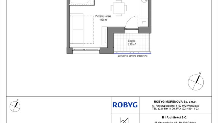 Rzut - Mieszkanie na sprzedaż 1 pokój o powierzchni 25,58 m² - numer C.3M04 w Leszczyńskich 2