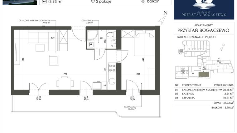 Rzut - Mieszkanie na sprzedaż 2 pokoje o powierzchni 43,93 m² - numer 4 w Przystań Bogaczewo