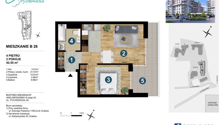 Rzut - Mieszkanie na sprzedaż 2 pokoje o powierzchni 42,55 m² - numer B28 w Kapelanka-Pychowicka Etap III