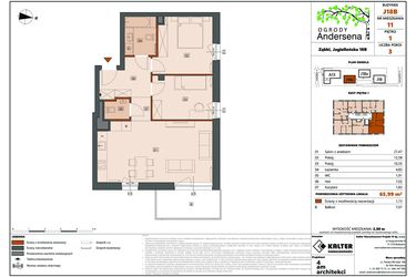 Rzut - Mieszkanie na sprzedaż 3 pokoje o powierzchni 65,99 m² - numer 11B w Ogrody Andersena