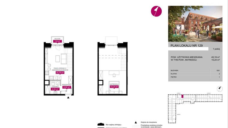Rzut - Mieszkanie na sprzedaż 1 pokój o powierzchni 45,19 m² - numer G2.129 w Fuzja Lofty
