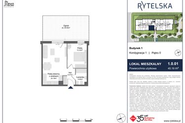 Rzut - Mieszkanie na sprzedaż 2 pokoje o powierzchni 45,19 m² - numer 1.0.01 w Rytelska