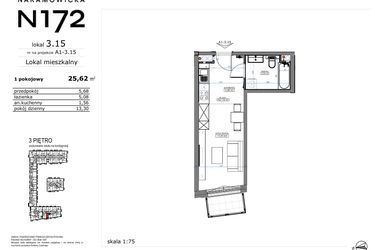 Rzut - Mieszkanie na sprzedaż 1 pokój o powierzchni 25,62 m² - numer 03.15 w Naramowicka 172