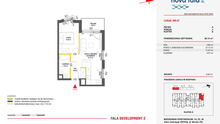 Rzut - Mieszkanie na sprzedaż 2 pokoje o powierzchni 40,15 m² - numer 47 w Miasteczko Nova Fala 2