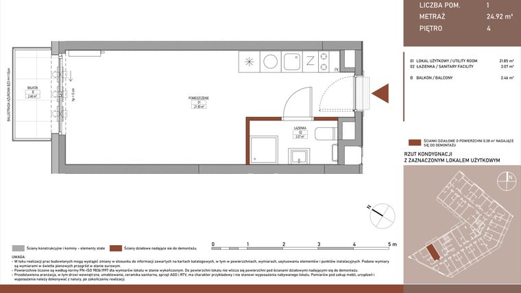 Rzut - Mieszkanie na sprzedaż 1 pokój o powierzchni 24,9 m² - numer A.5.27 w Żurawie - etap II