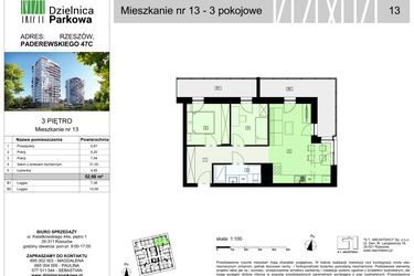 Rzut - Mieszkanie na sprzedaż 3 pokoje o powierzchni 52,66 m² - numer 13/B8 w Dzielnica Parkowa VIII