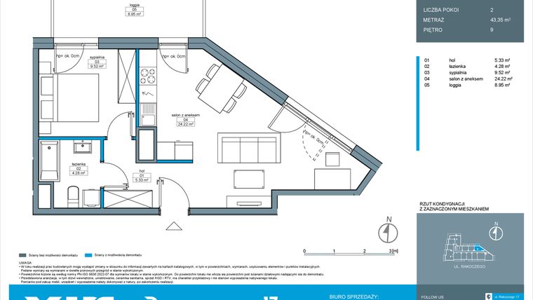 Rzut - Mieszkanie na sprzedaż 2 pokoje o powierzchni 43,35 m² - numer A.9.3 w Rakoczego 17