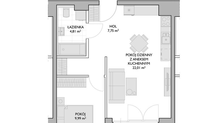 Rzut - Mieszkanie na sprzedaż 2 pokoje o powierzchni 44,56 m² - numer WO/P3/33 w Wiszące Ogrody